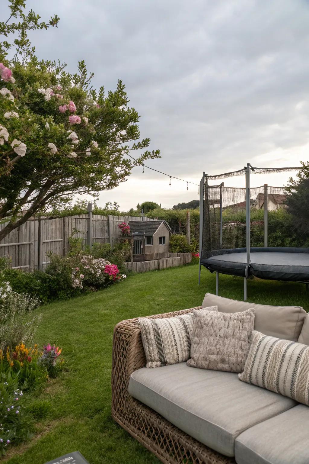 A comfortable seating nook beside the trampoline for relaxation.