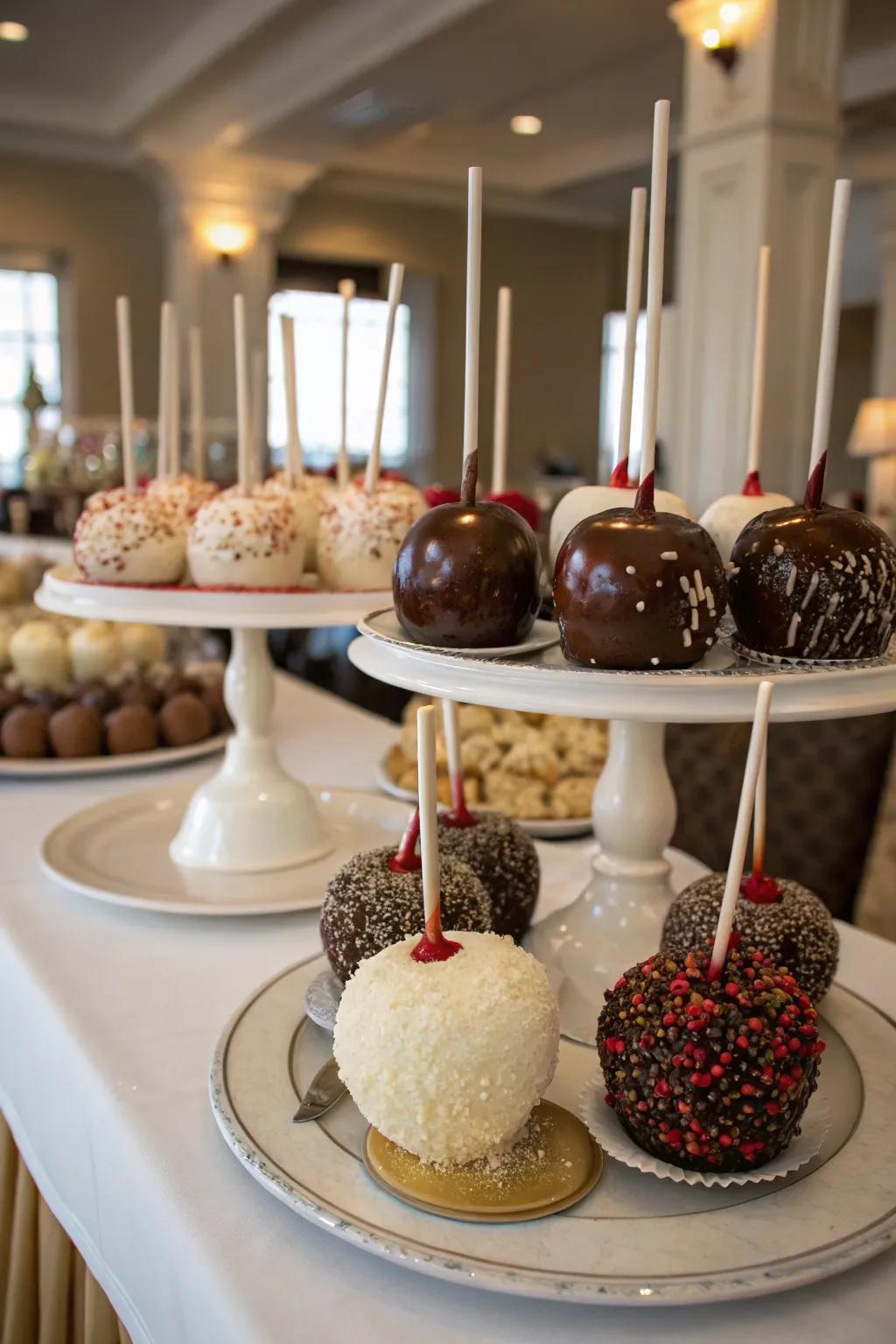 Gourmet candy apples with assorted toppings.