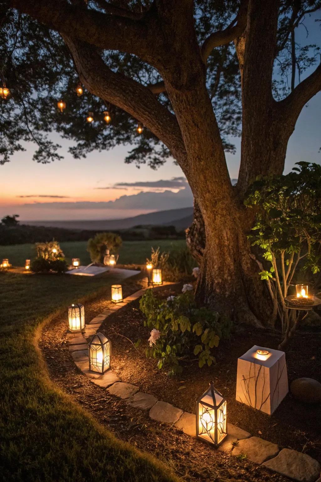 Night lighting imparts enchantment and atmosphere to your tree's environment.