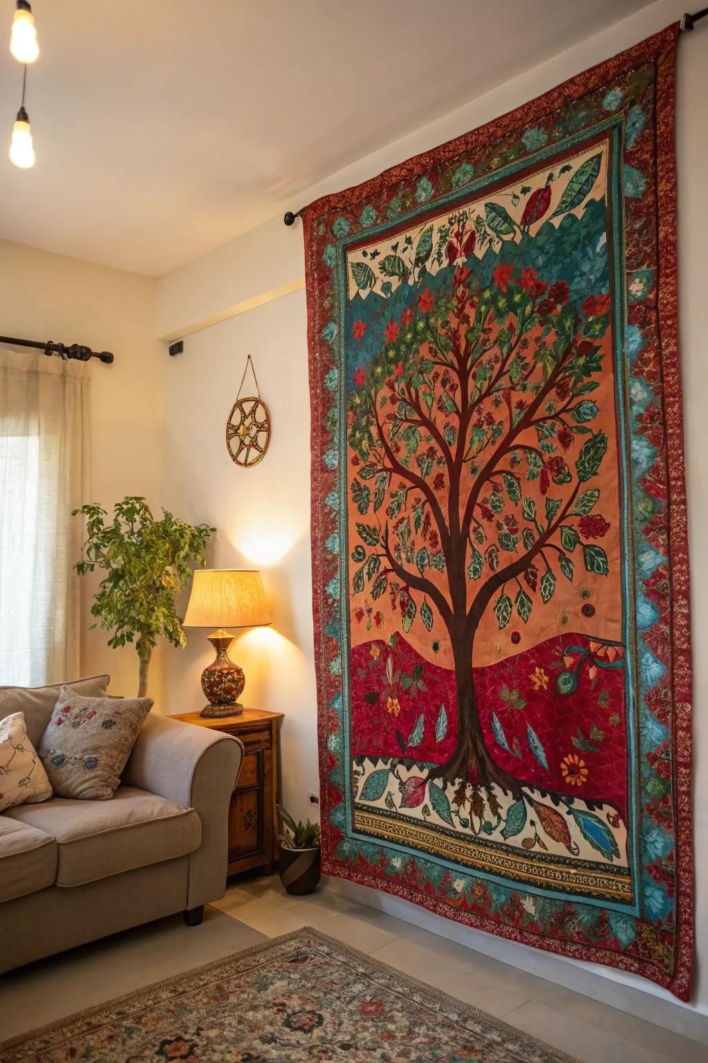 A vibrant Arbor Vitae hanging tapestry brightens a living area wall.