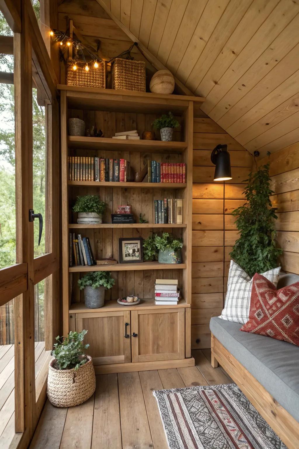 Organized storage solutions in a treehouse, with built-in shelving for neat display.