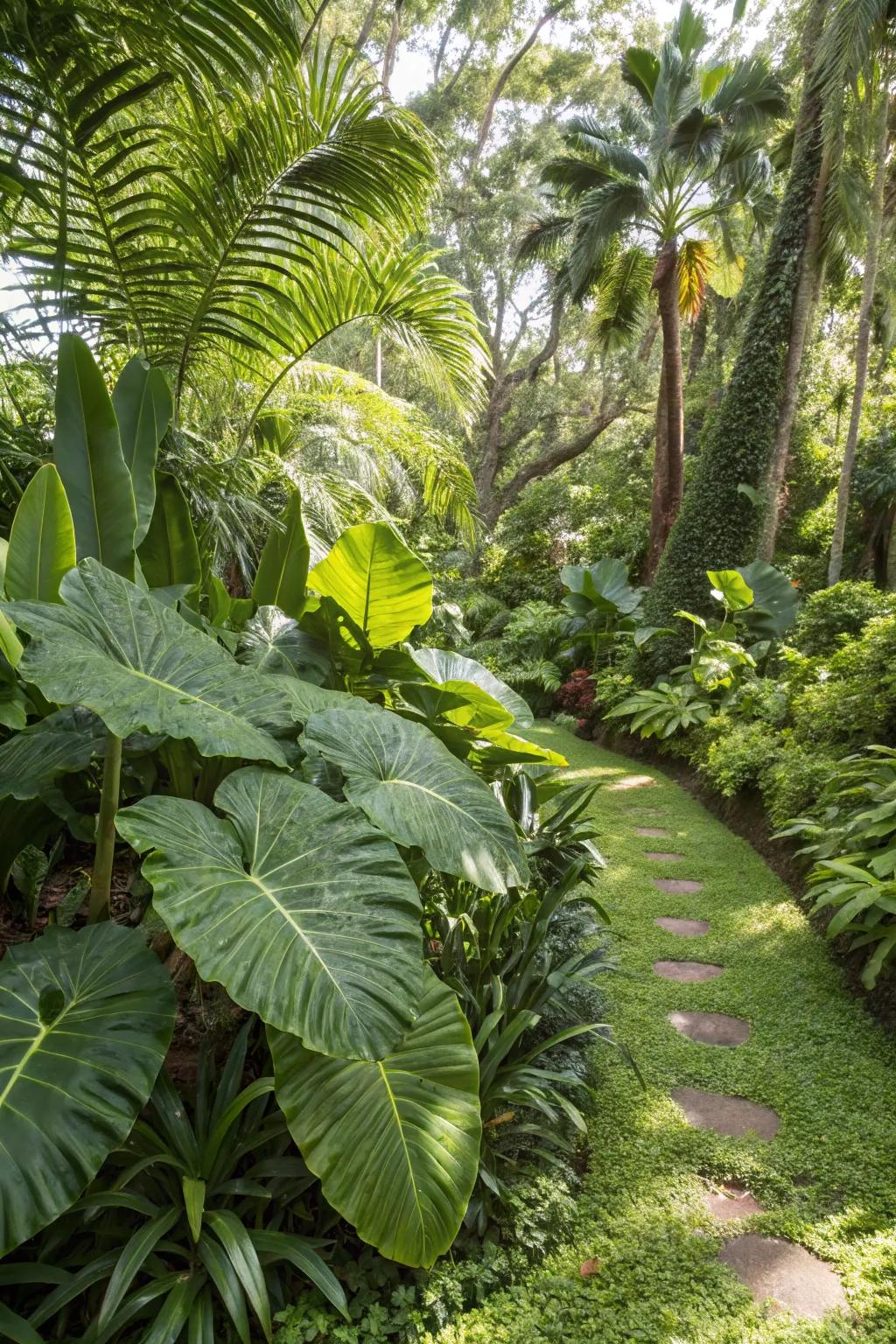 Bold foliage adding drama and depth to the tropical garden.