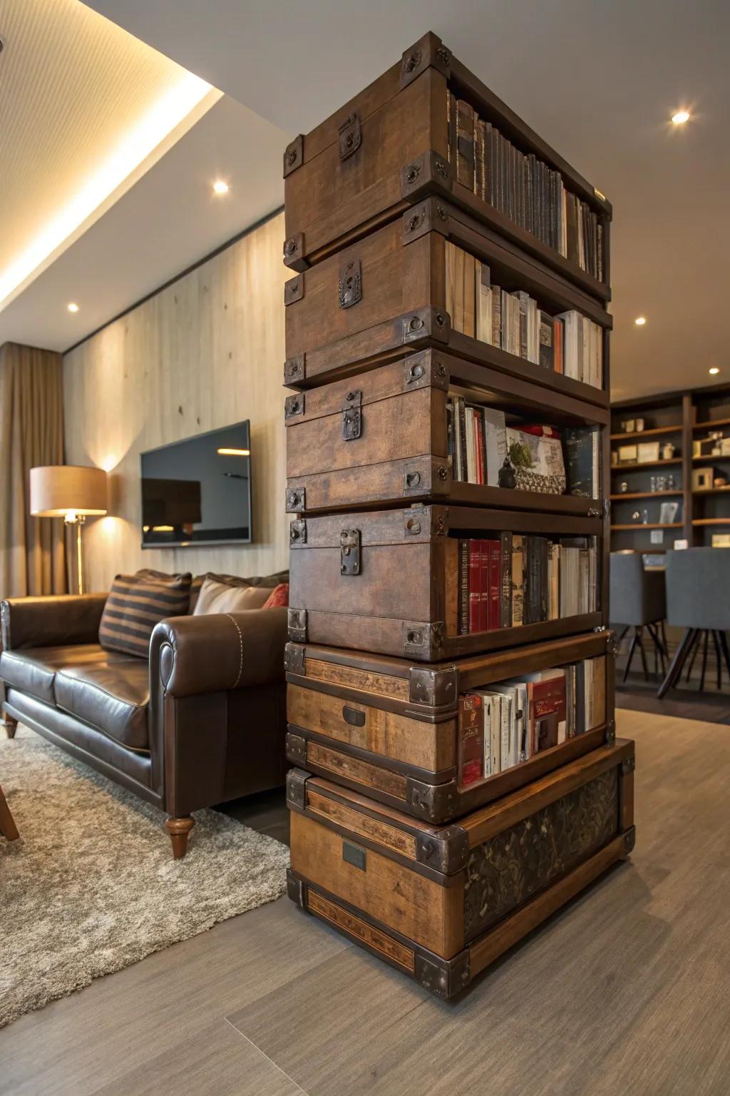 Stacked trunks merge to form a distinct bookcase, enhancing the room's character.