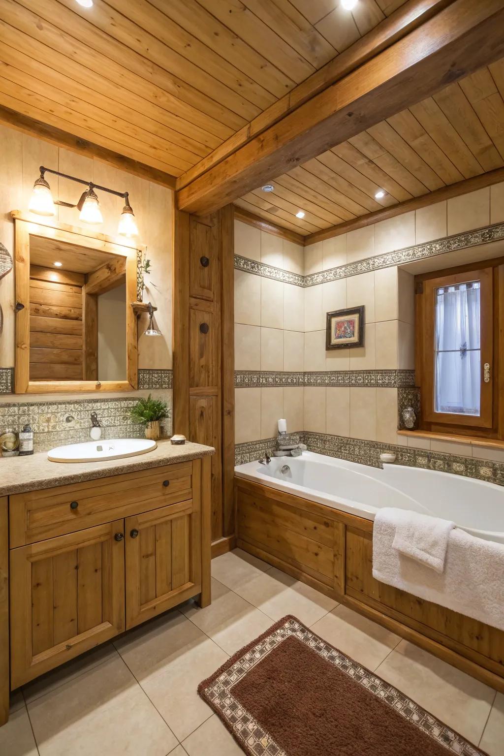 Comforting timber embellishments mitigate the aesthetic of a modern tub-in-shower bathroom.