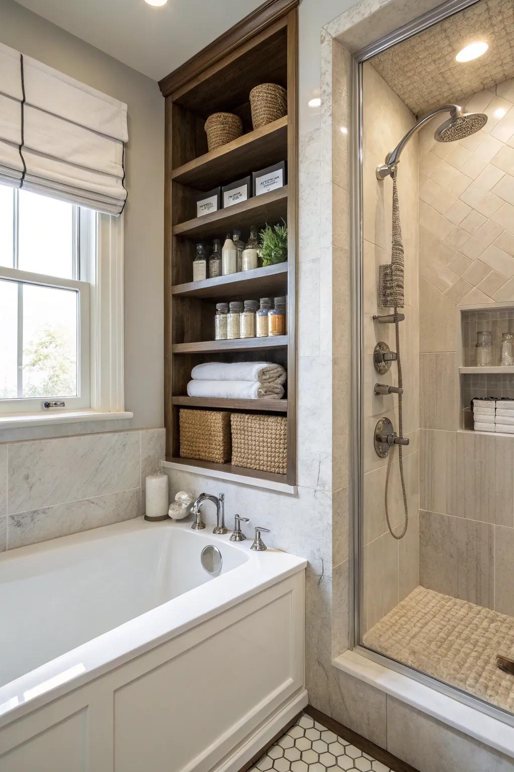 Incorporated storage keeps this bathroom neat and refined.