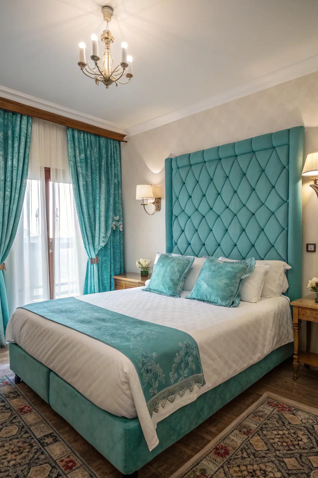 Turquoise fabric adds a modern touch to this classic bedroom design.