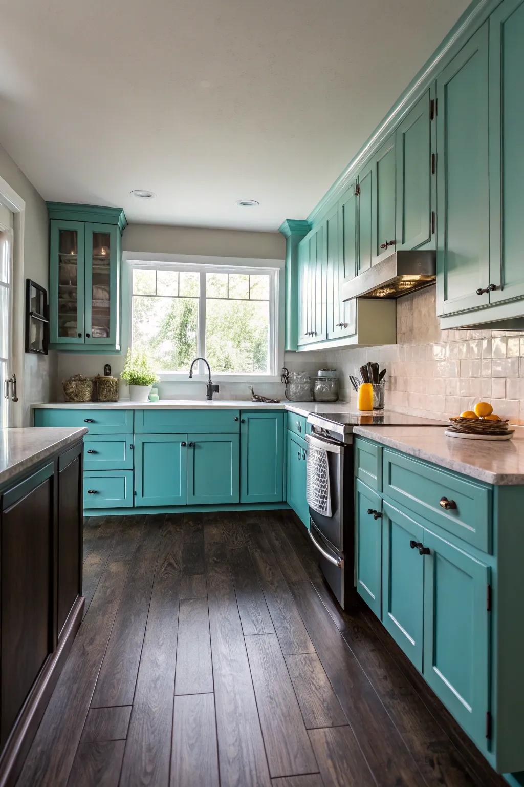 Striking shadowy floors accentuating robin's egg blue kitchen cabinets.
