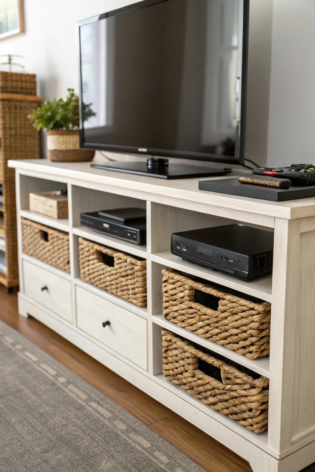 Functional storage solutions, including drawers and baskets, in a TV console setup.