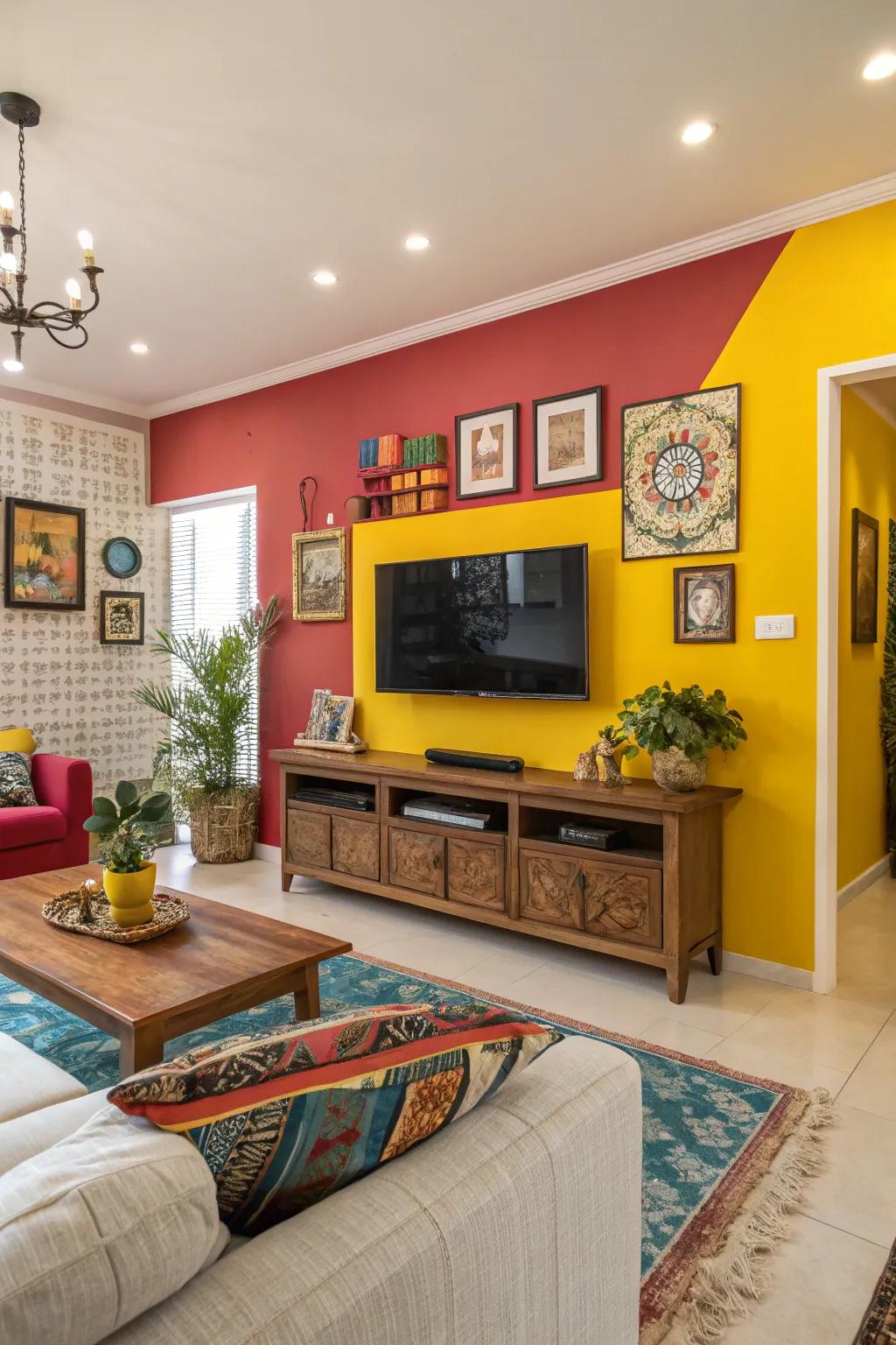 A striking color splash creates a noticeable point of interest on this TV wall.
