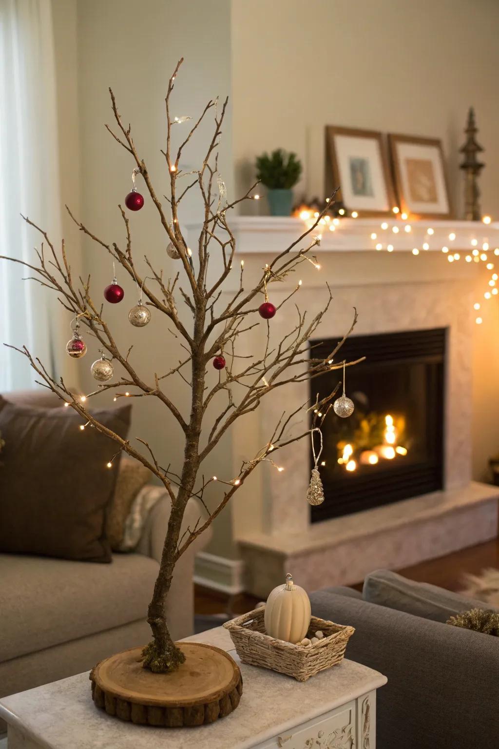 A fanciful branch tree adorned with suspending trinkets.
