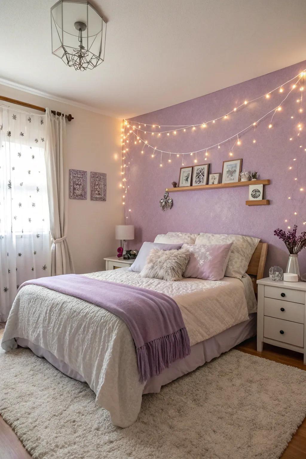 A dreamy bedroom styled with lavender and off-white walls, creating a peaceful escape.
