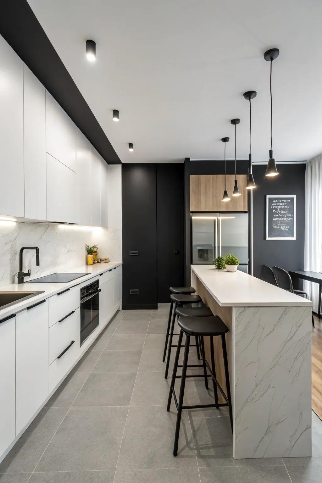 Minimalist kitchen showcasing a timeless black and white wall design.