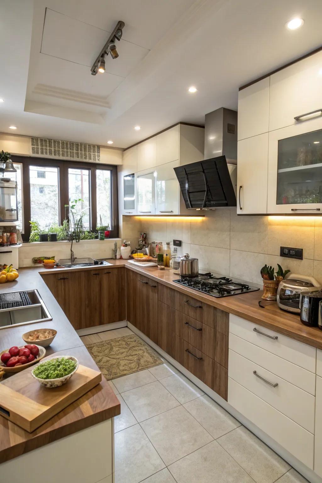 Varying countertop surfaces help define specific areas within the kitchen.