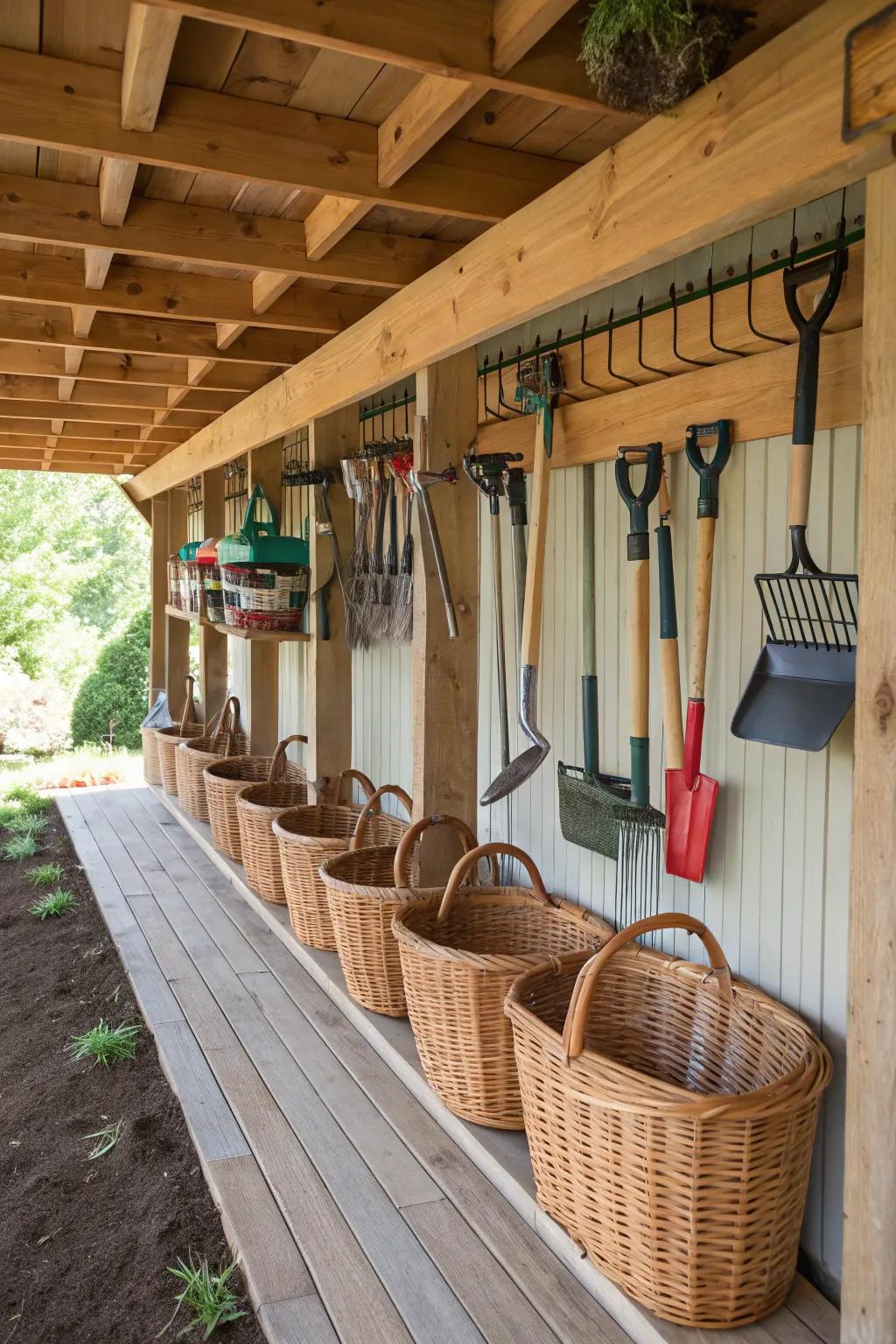 Small objects are kept orderly and easily accessible with hanging hooks and baskets.