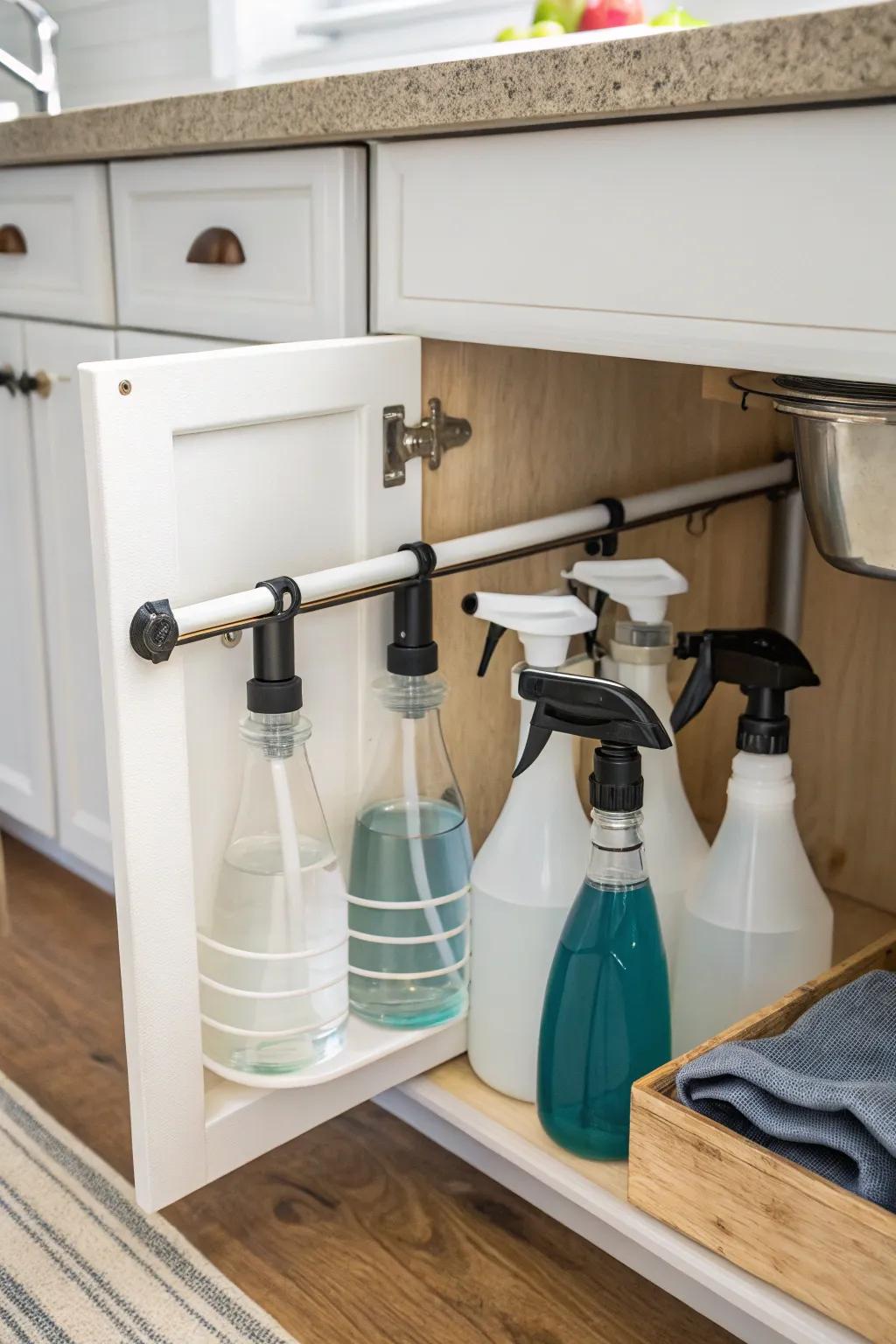 Tension rods provide a practical solution for hanging spray bottles.