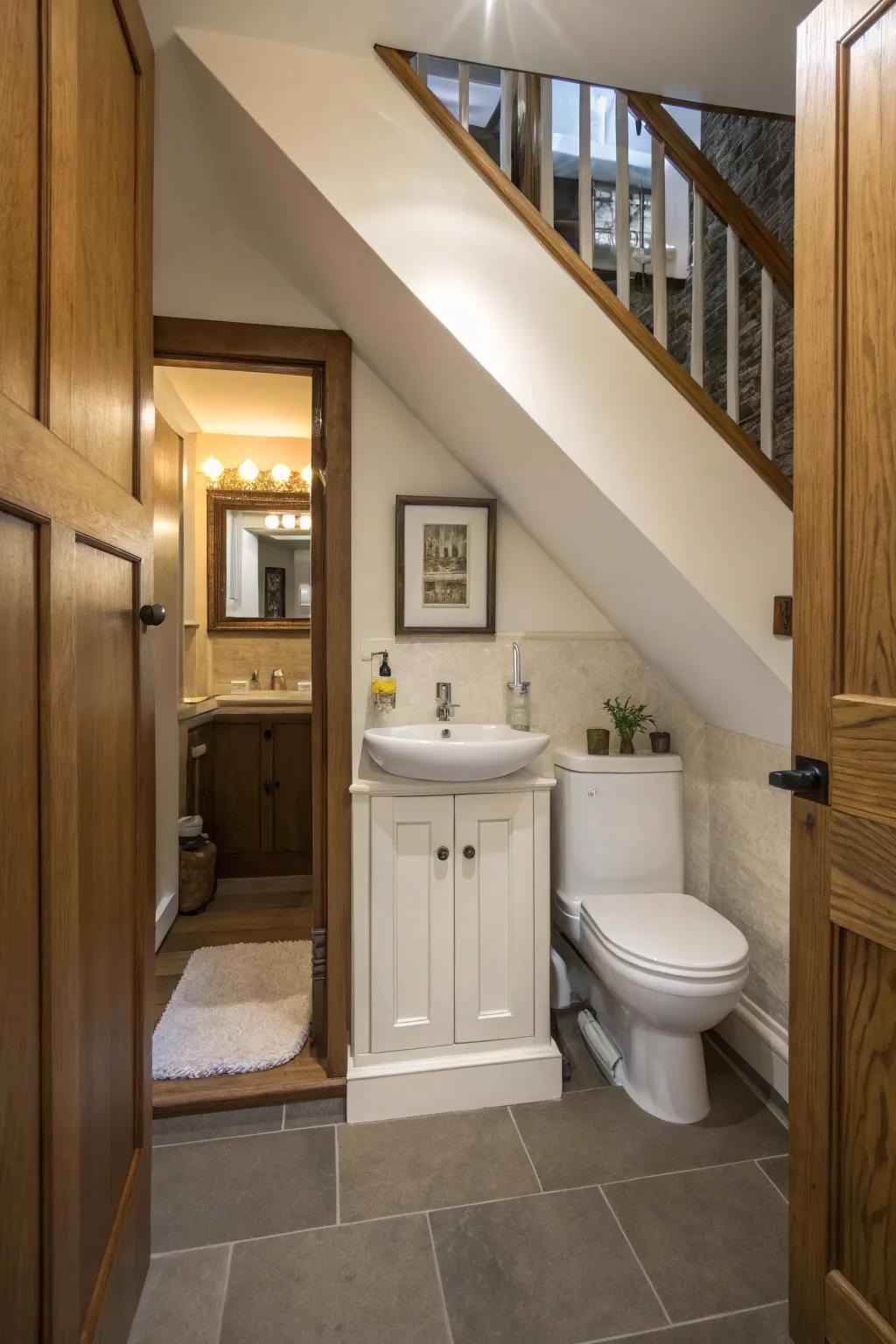 A washroom under the stairs with a concealed doorway that blends with the decor.