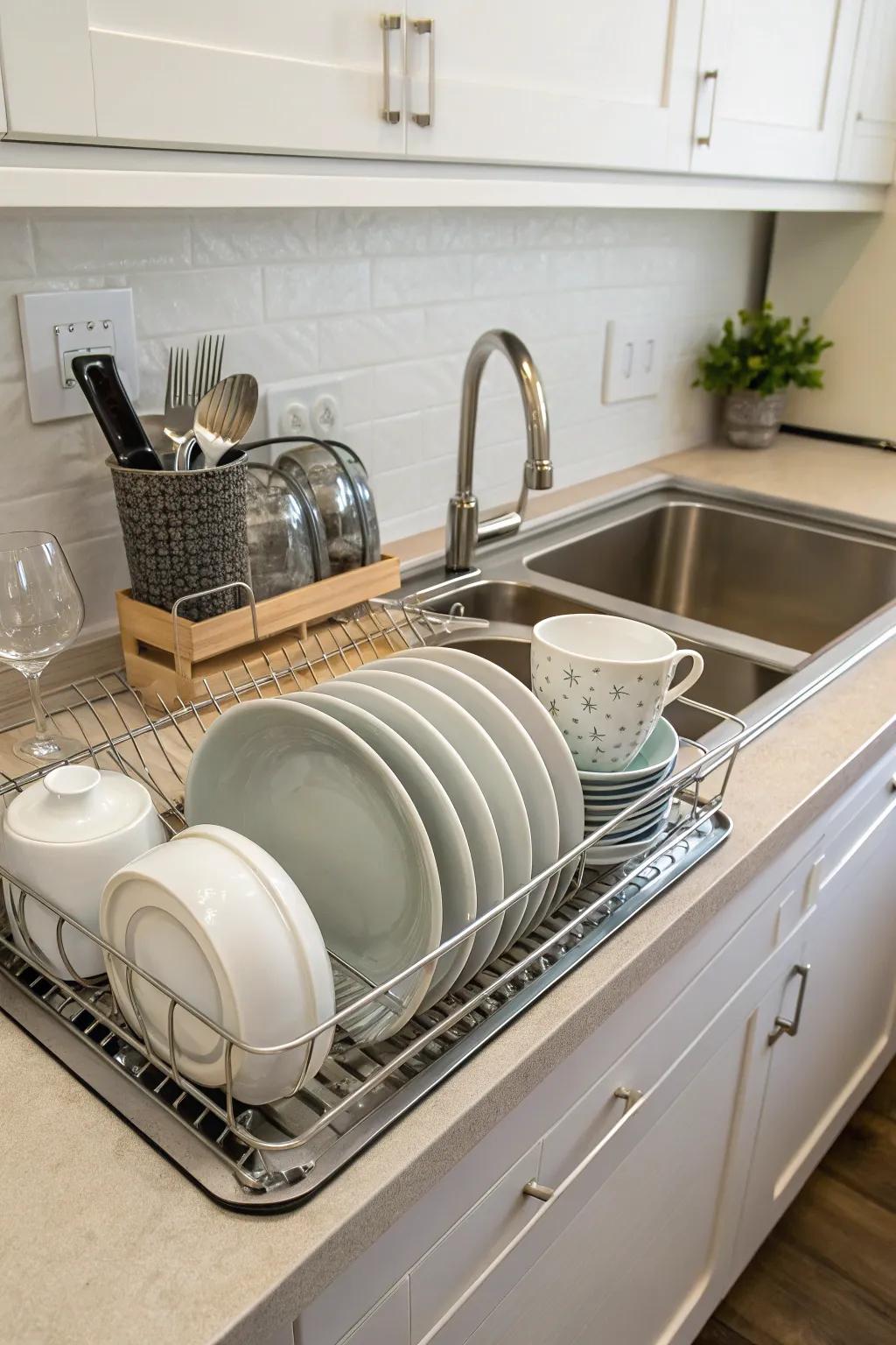 A draining rack poised above an undermount sink, encouraging a tidy kitchen.