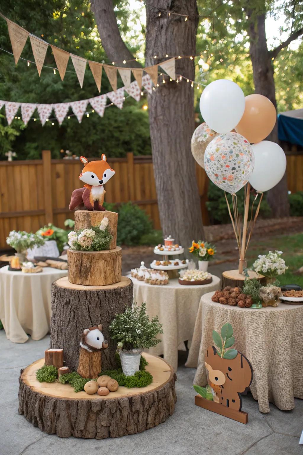 A baby shower with a forest companions theme, filled with rustic charm.