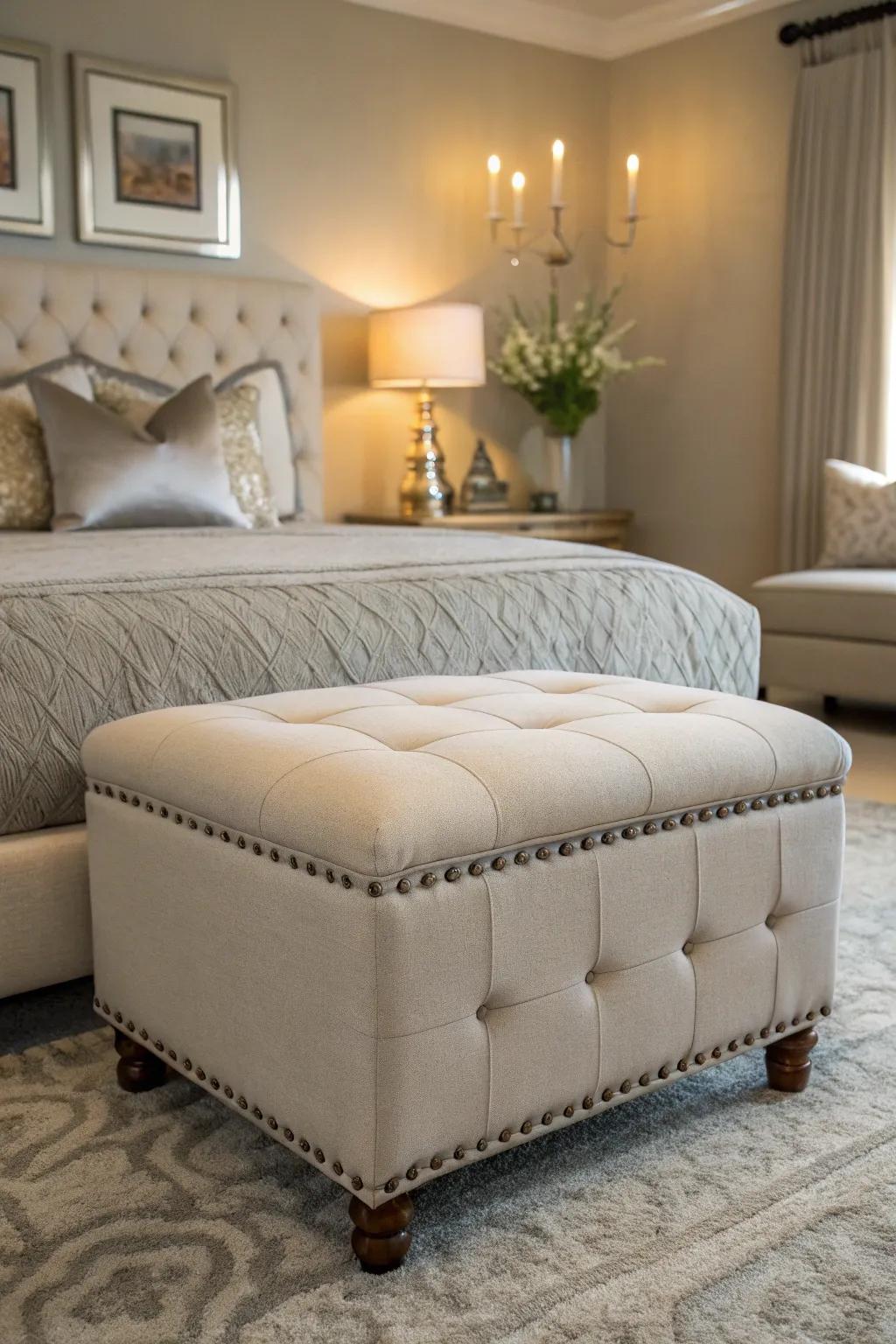 A padded ottoman contributes flair and functionality.