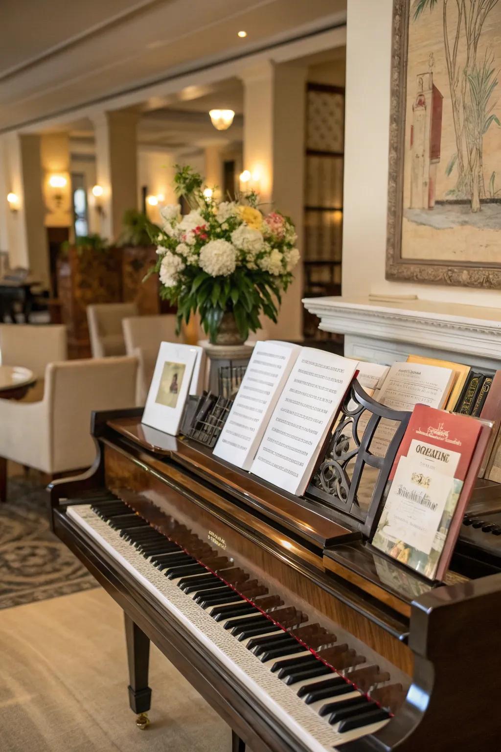 An elegant composition featuring an upright piano, thoughtfully arranged with books and sheet music.