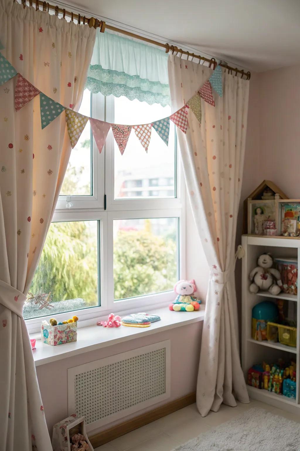 A playful nursery featuring a window with a wavy valance.