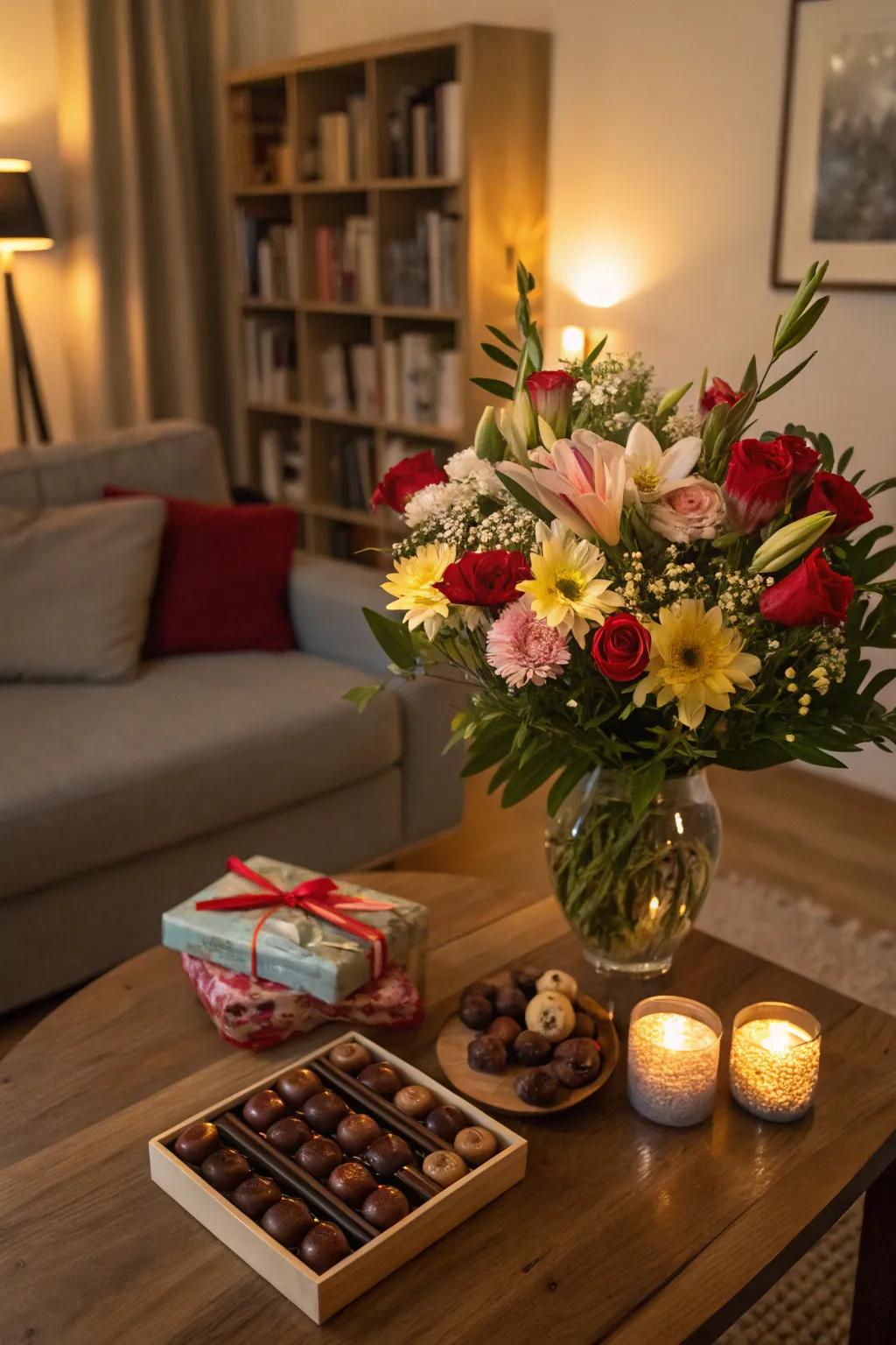 A floral arrangement complemented by chocolates and gifts.