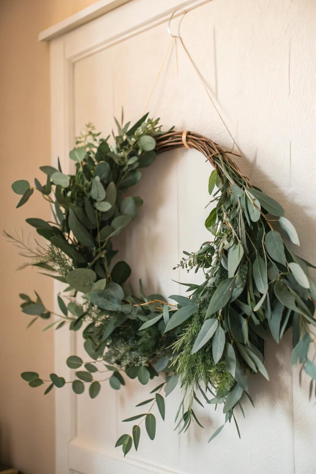 Embrace simplicity with this elegant gum leaf wreath, ideally suited for an element of natural beauty in your home décor.