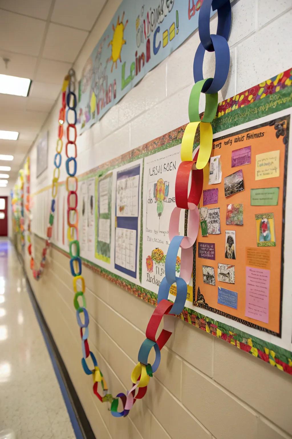 A Chain of Love bulletin board displaying a decorative paper garland.