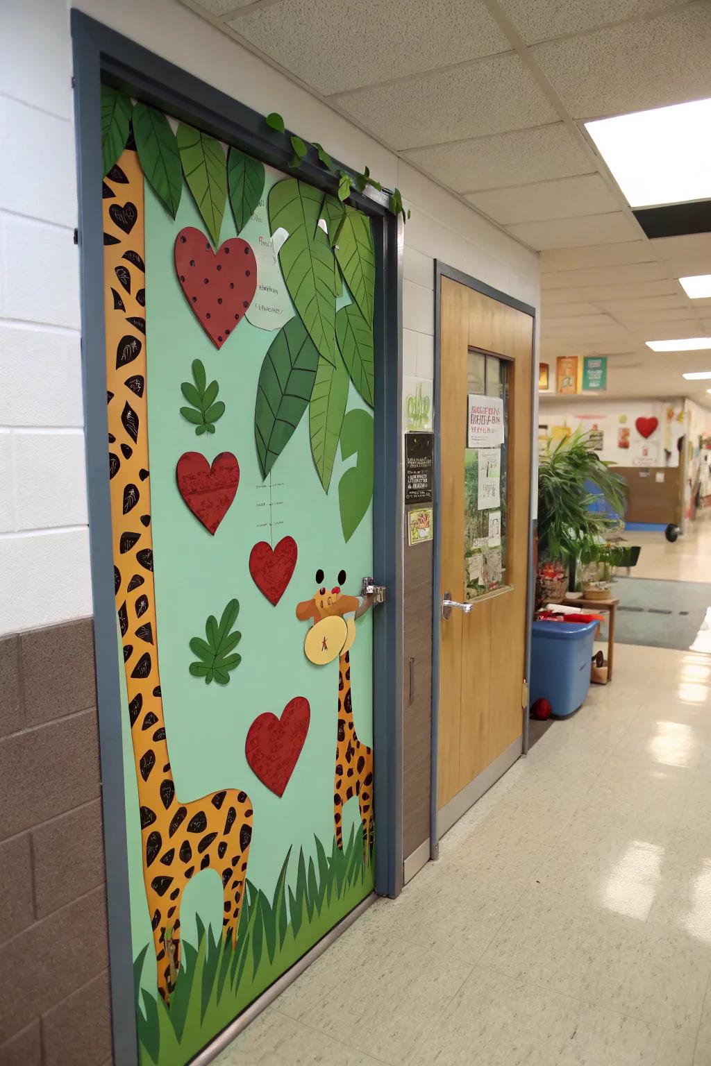 A jungle-themed learning space door featuring animal markings and heart-contoured foliage.