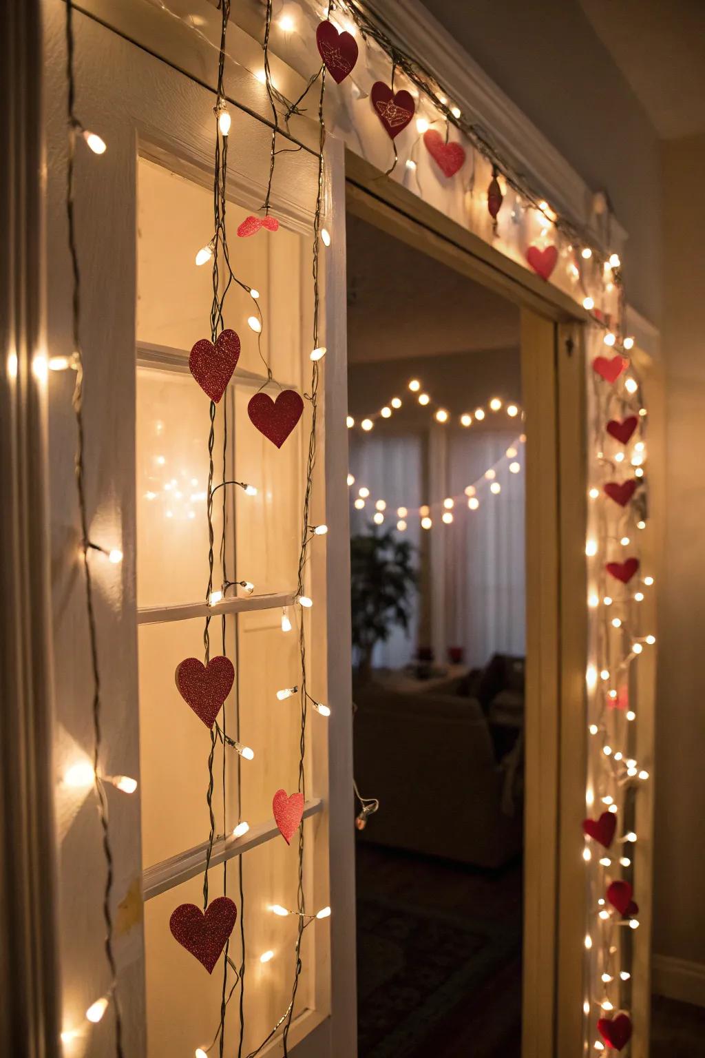 String lights cultivate a cozy and welcoming Valentine's ambiance.