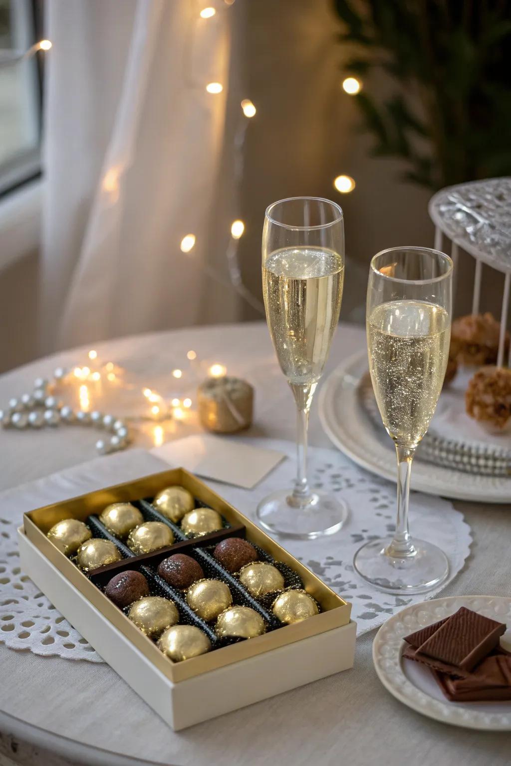 A sparkling wine and chocolate station for a touch of luxury.