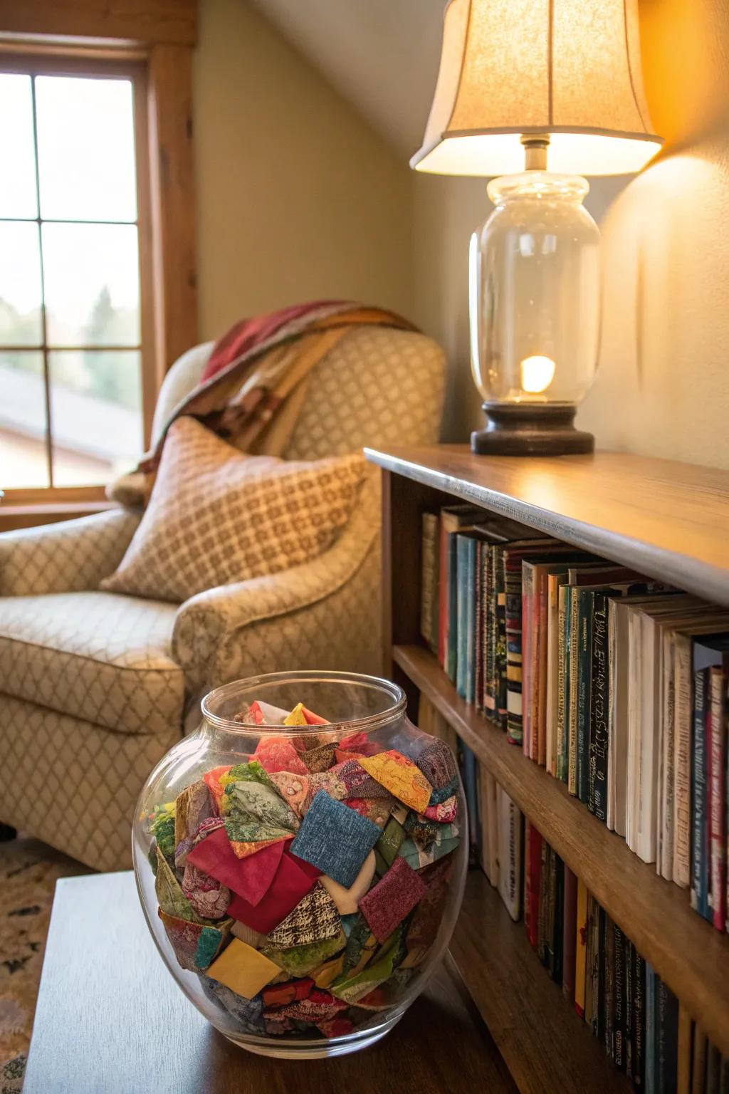 Reuse fabric pieces for a comfortable vase display.