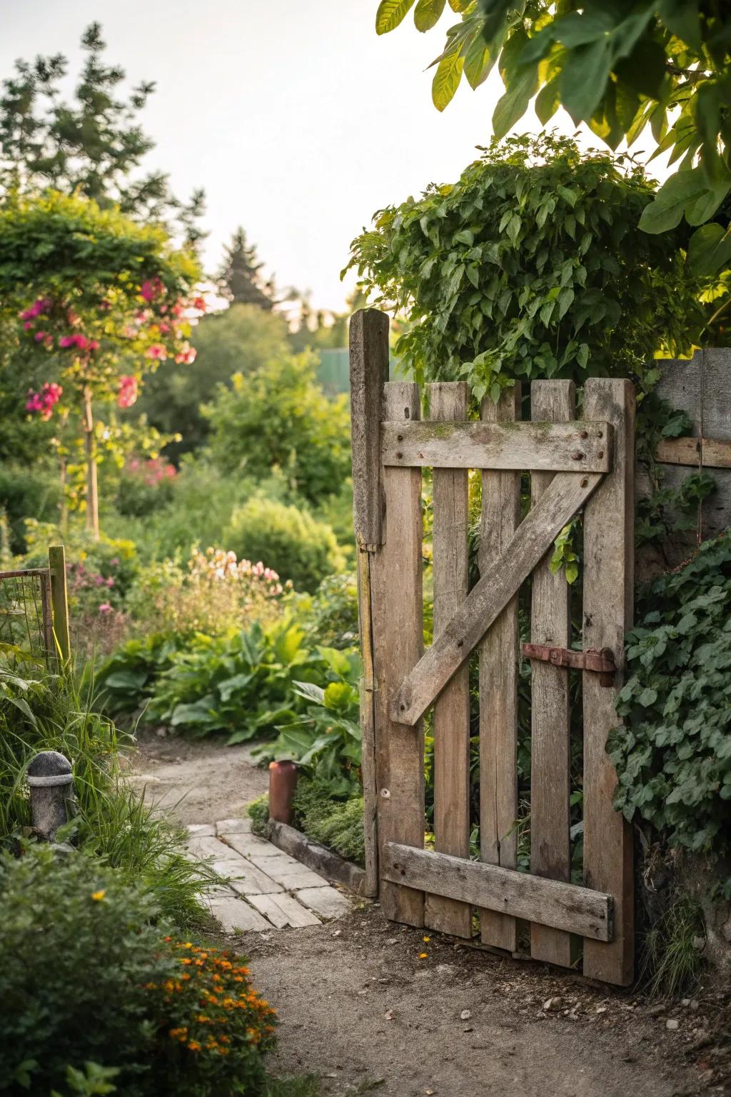 A sustainable gate fashioned from reused decking.