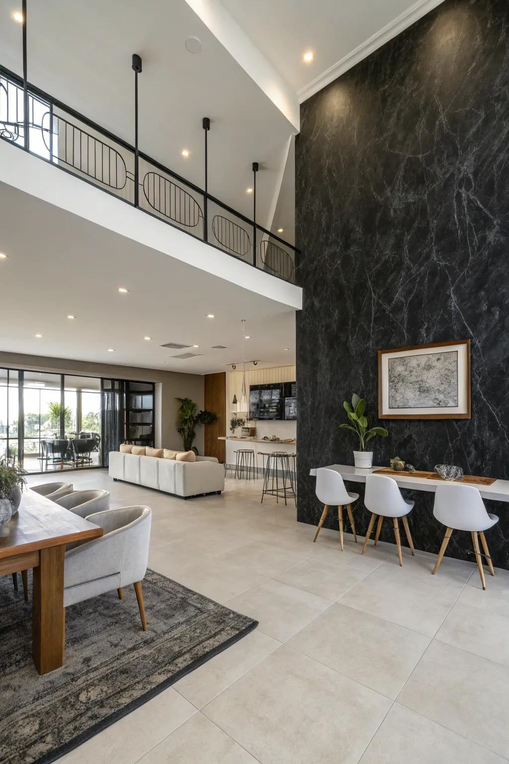 Add beauty to open spaces using a black Venetian plaster wall.