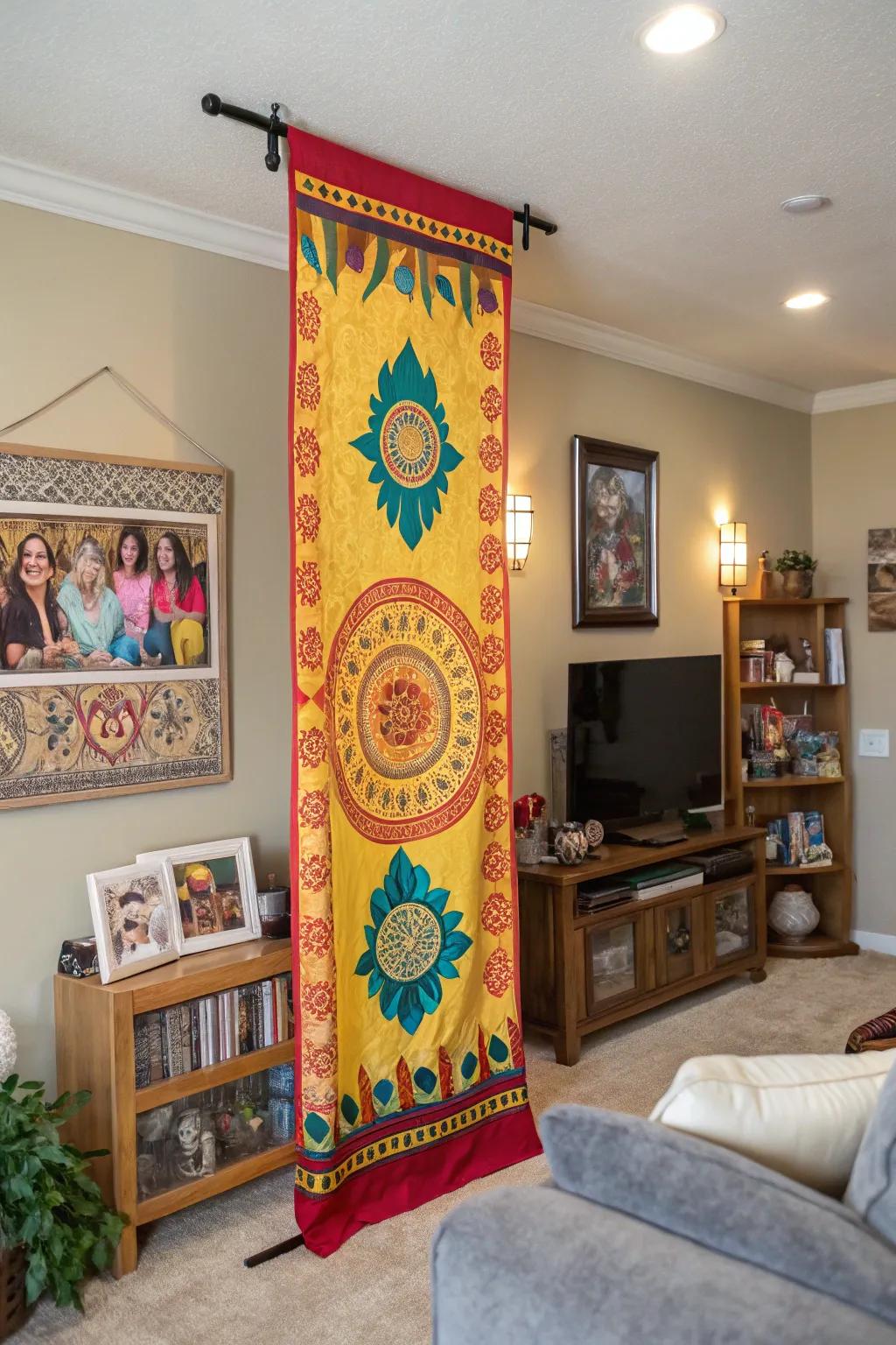 A family room gains dimension and personality from cultural designs on a vertical banner.