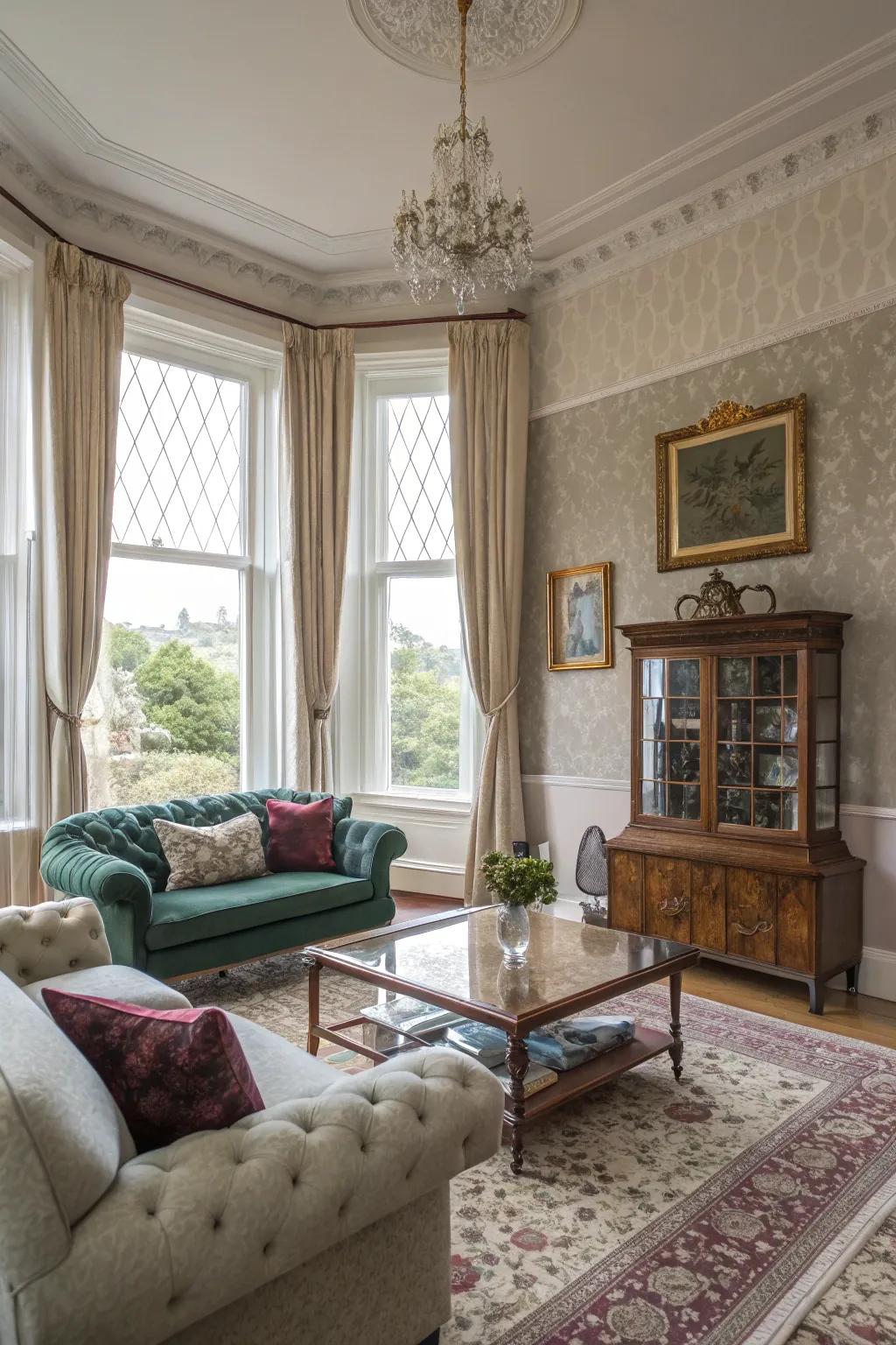An integration of contemporary and traditional items establishes a vibrant living space.