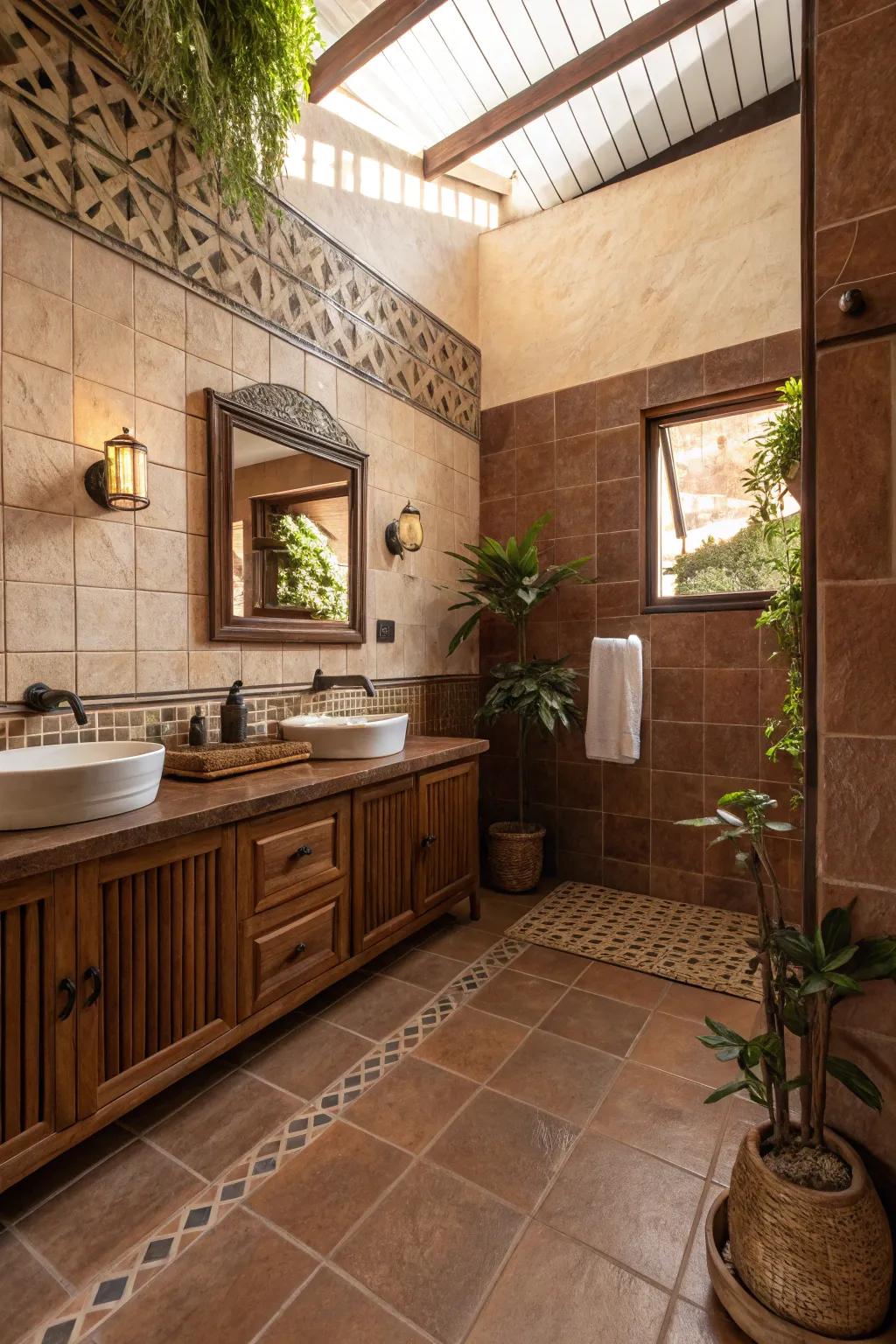 Earth tones create a grounded and unified look with brown tiles.