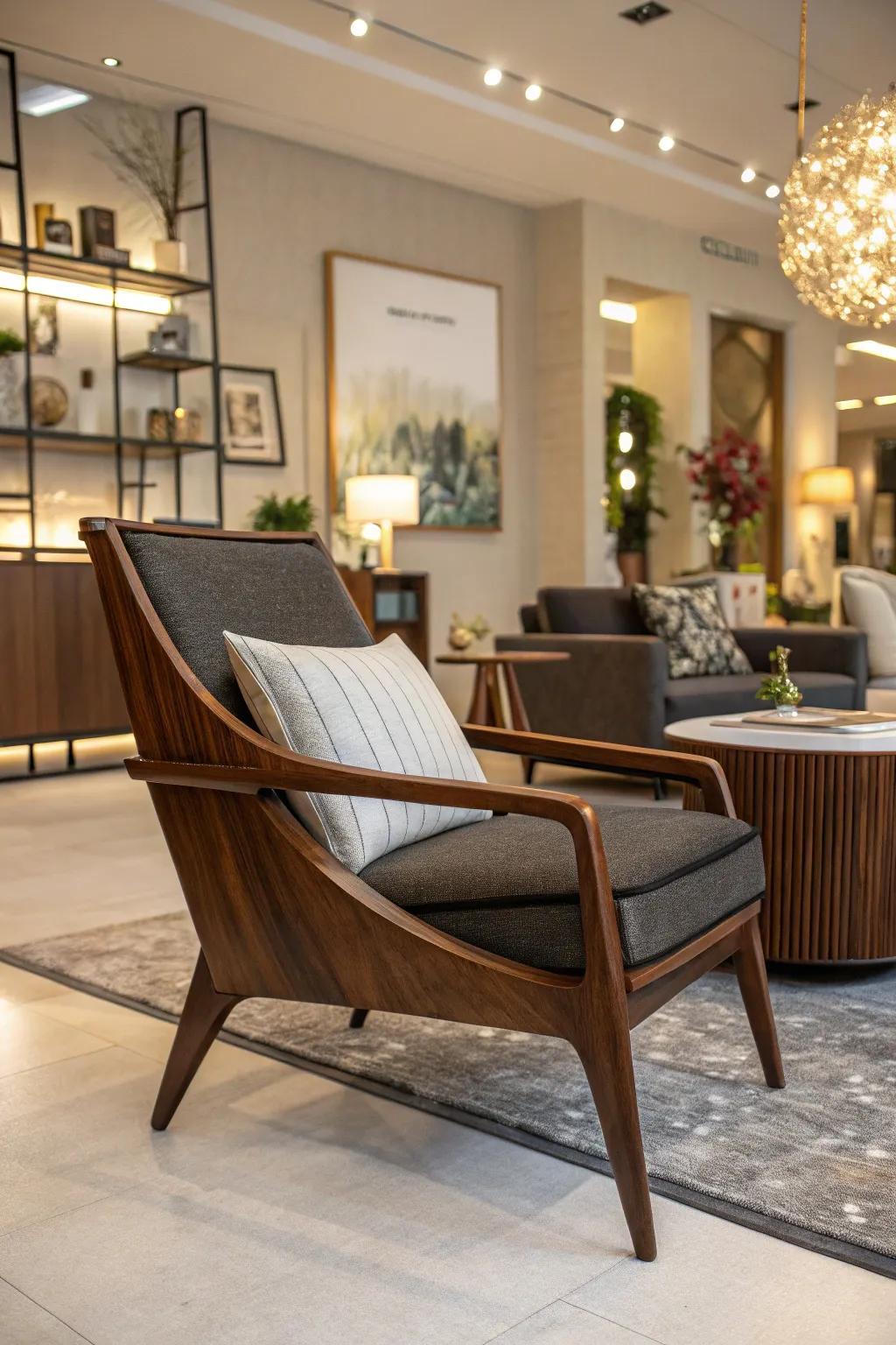 A contemporary style chair adding sleekness to a stylish living room.