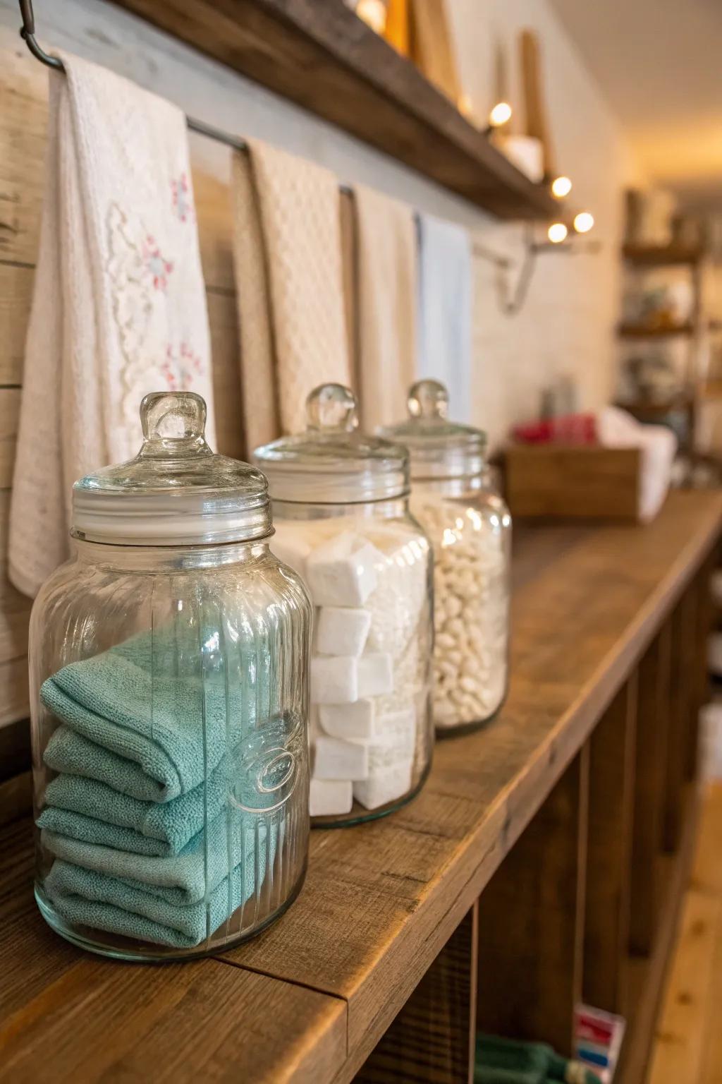 Glass containers adding both flair and usefulness to the laundry space.