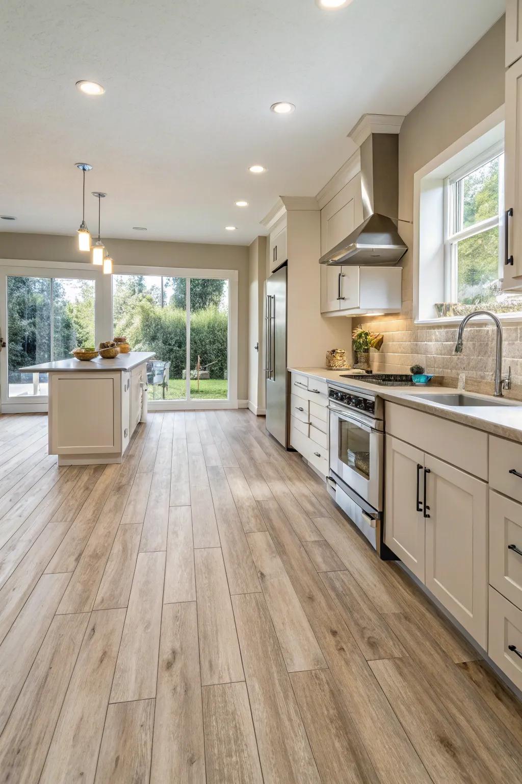 Brighten your kitchen through timber-look vinyl flooring.