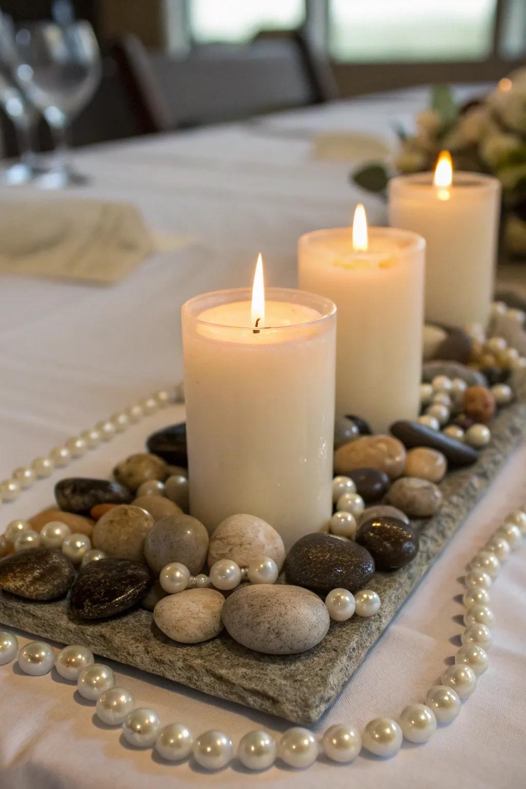 Decorative features, such as stones, enhance the texture of votive displays.
