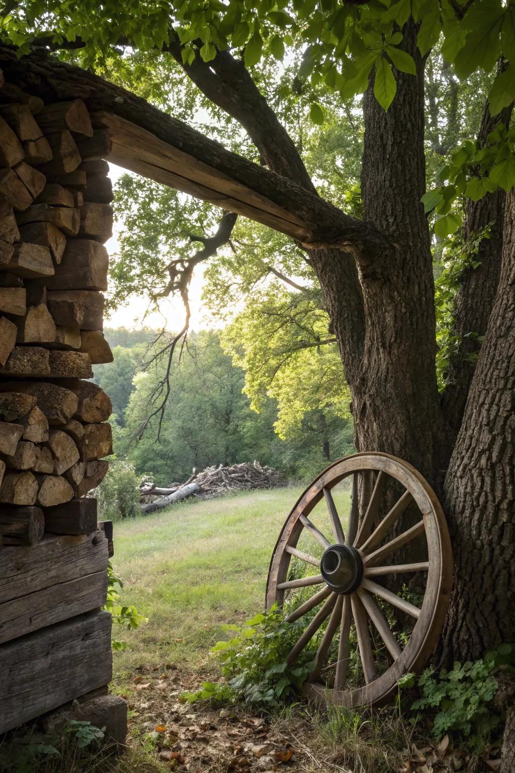 A cartwheel embedded in layered timber, generating a one-of-a-kind window impression.