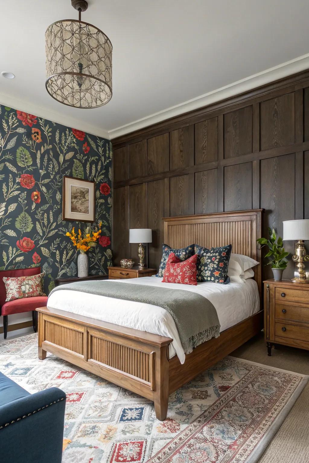 Paneling and striking wallcovering craft an eclectic and customized space.