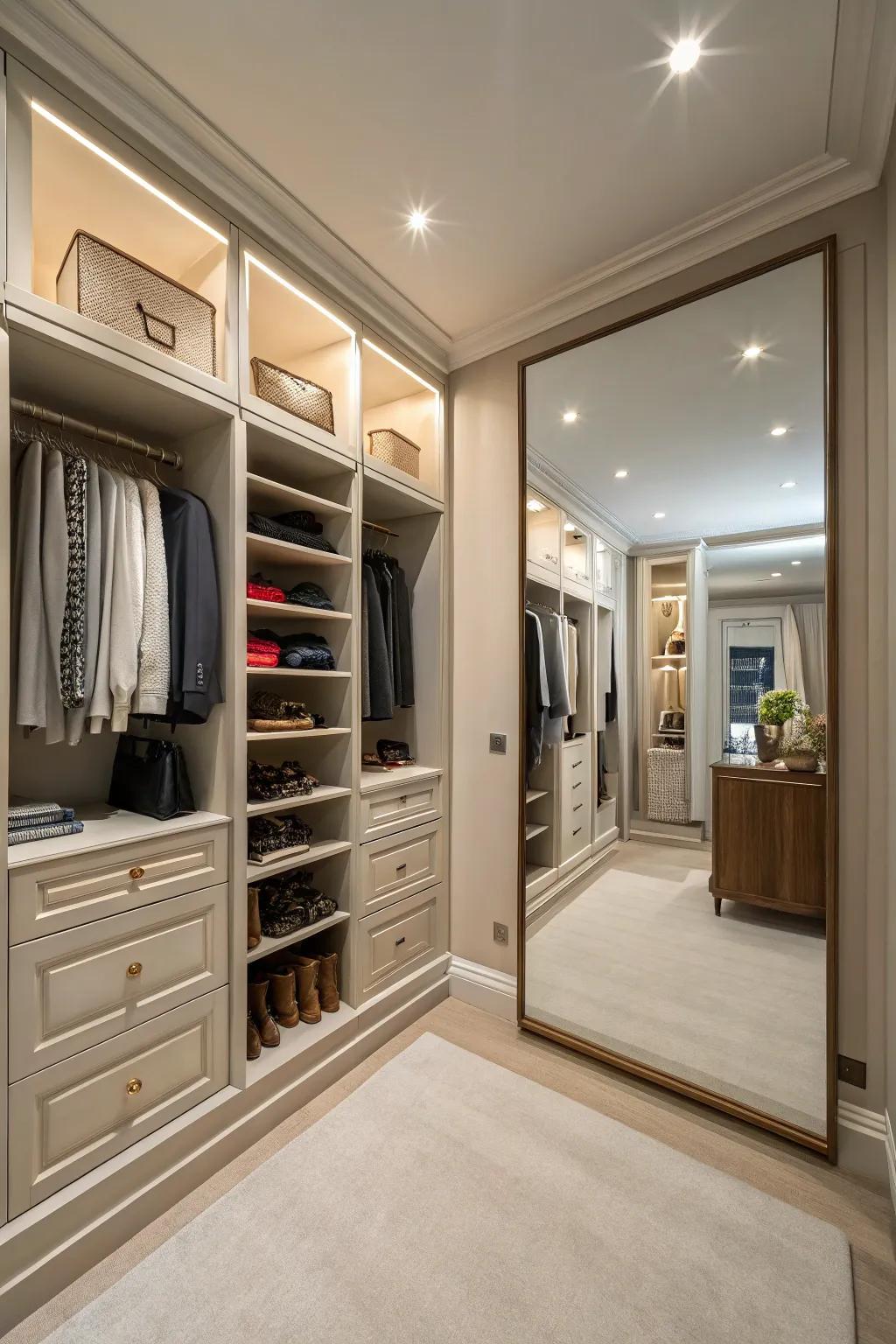 A large mirror featured in a walk-in closet, enhancing both function and space impression.