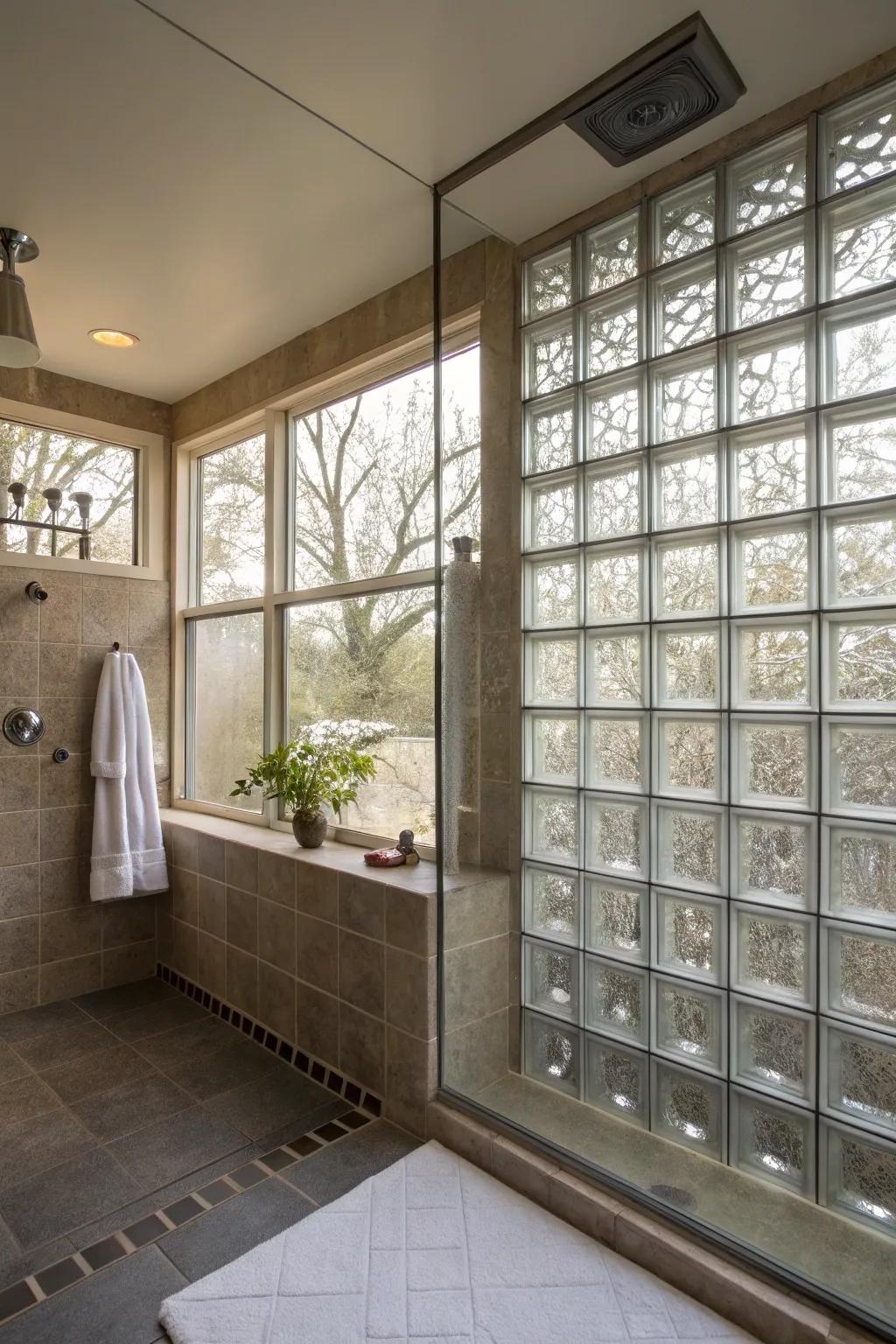Structural glass windows in a walk-in shower, offering privacy with an added touch of texture.