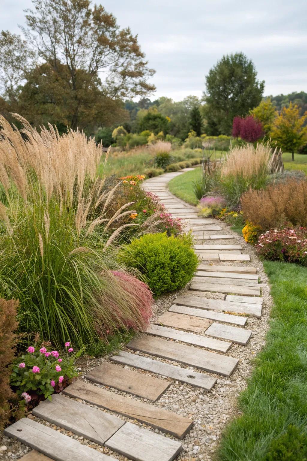 Mixed timber and stone pathways present a unique texture.
