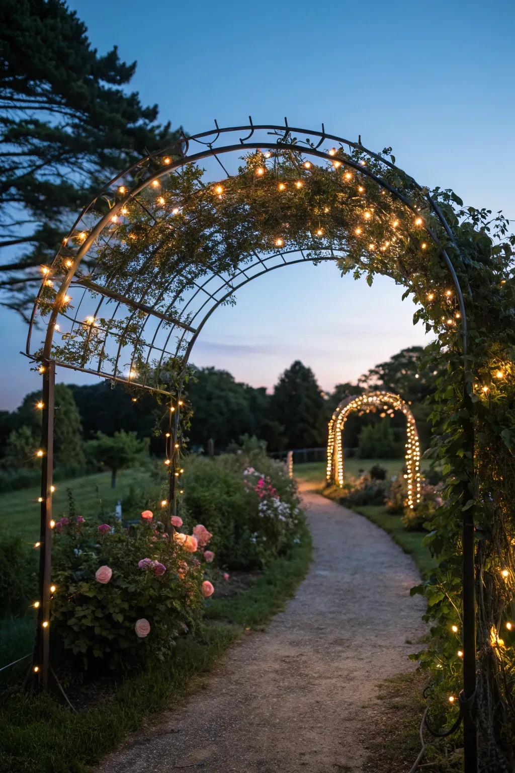 Fairy lights introduce a magical touch to archways, ideal for evening garden strolls.