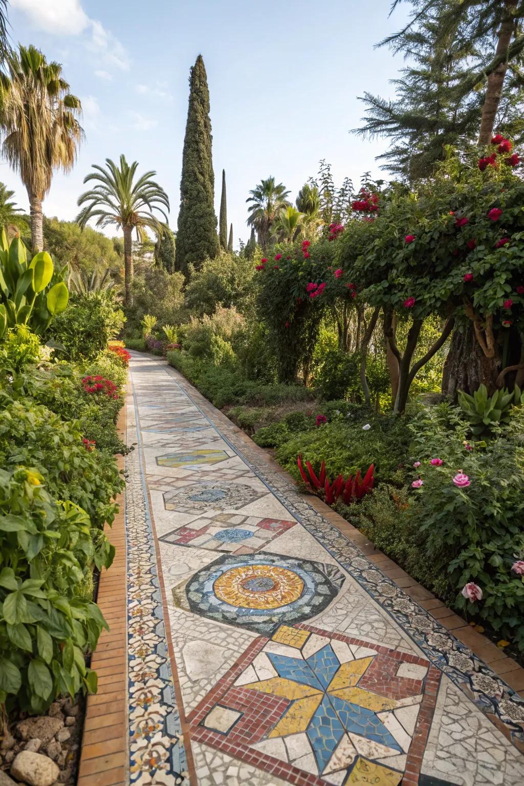 Mosaic artistry imparts creative panache and color to your garden path.
