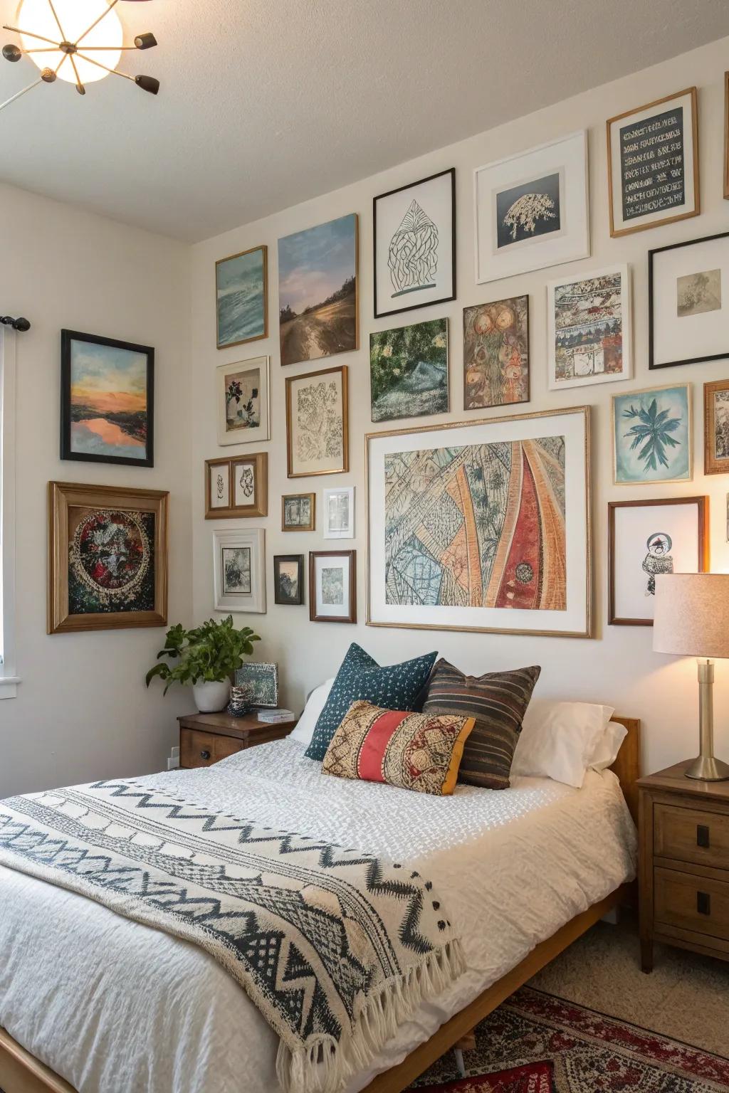 Varied style art brings an eclectic and vibrant touch to your bedroom.
