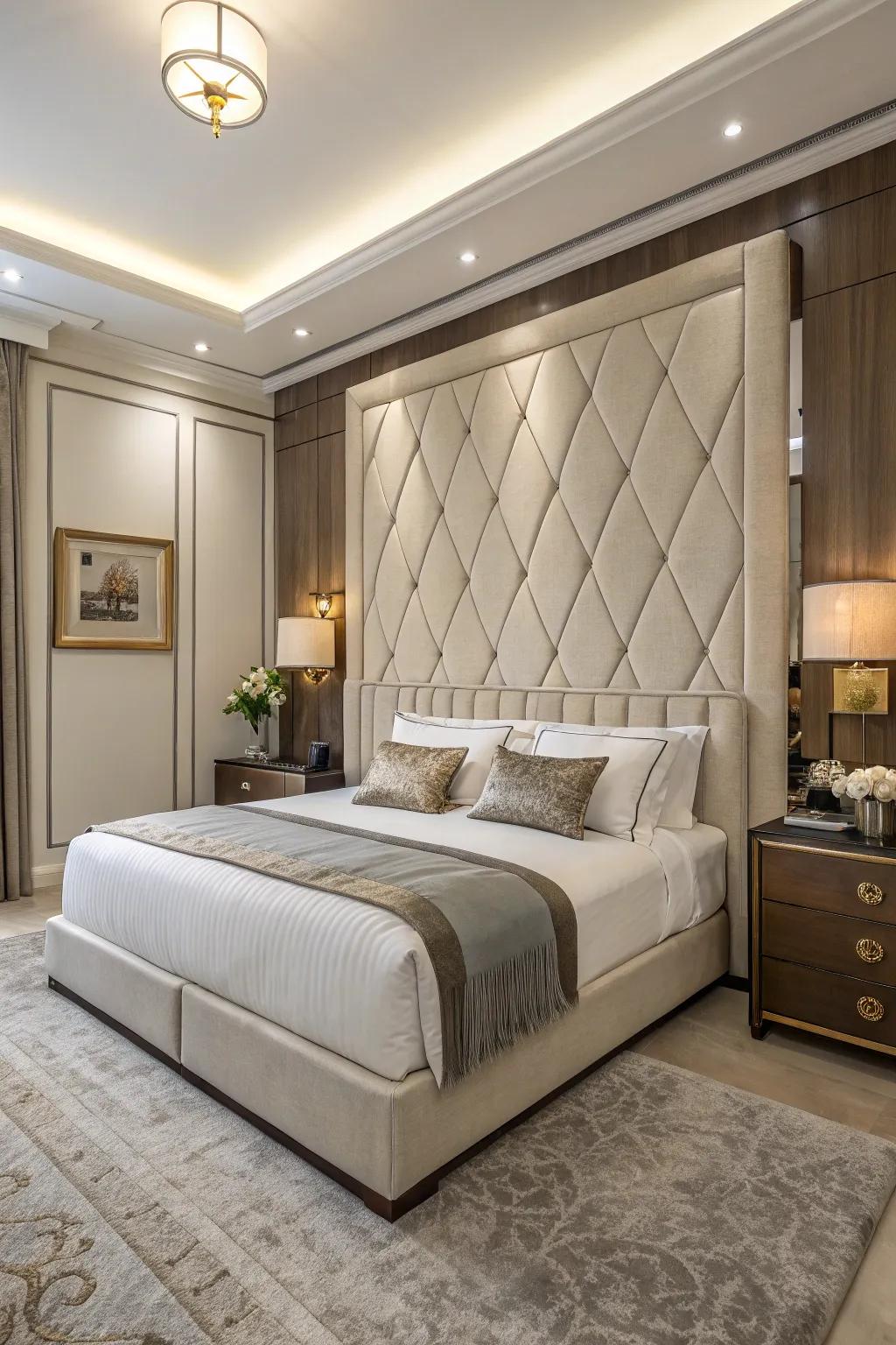 An expanded headboard adds grandeur to the personal space.